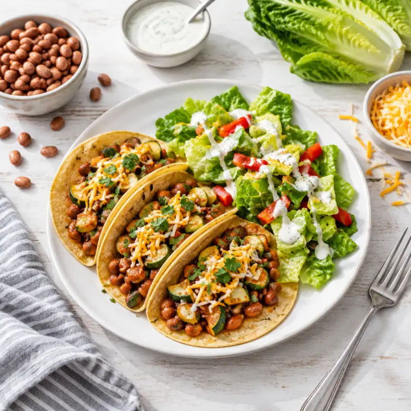 Barbecue Pinto Bean-Zucchini Tacos with Romaine, Pepper & Ranch Salad, plated
