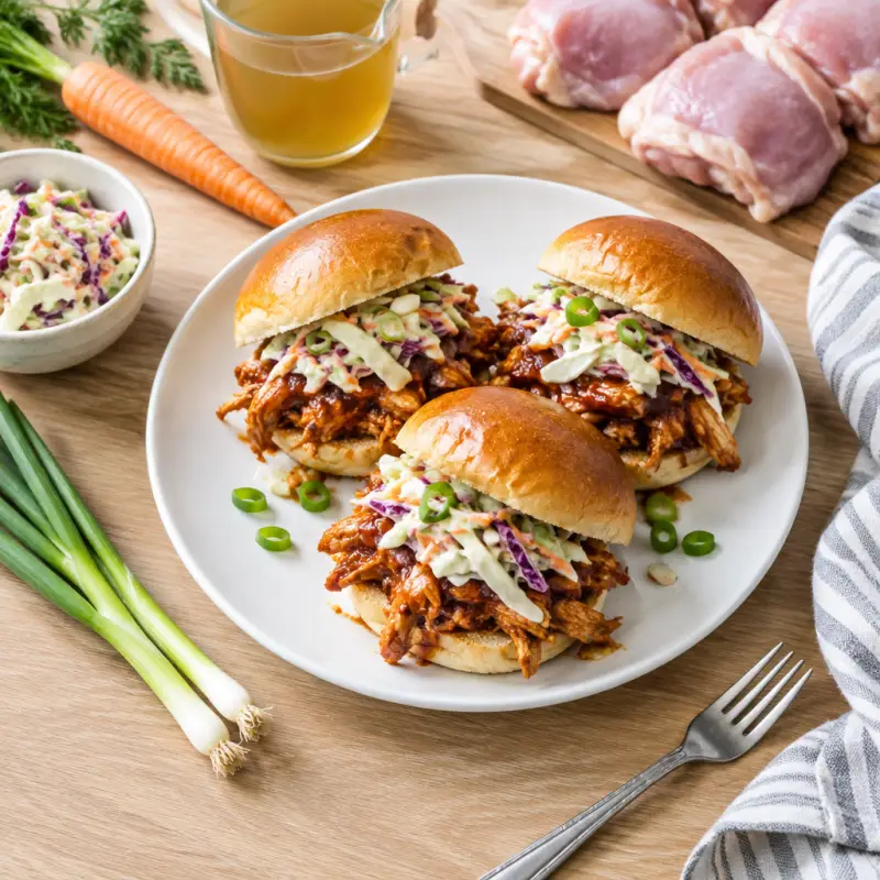 Barbeque Pulled Chicken Sliders with Creamy Cabbage Slaw, plated