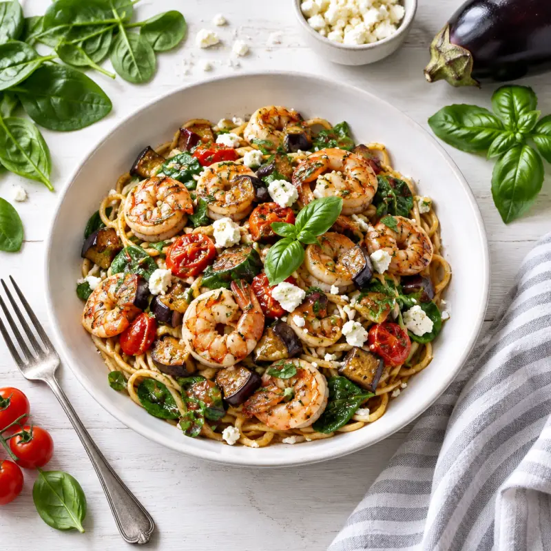 Basil-Balsamic Spaghetti with Shrimp, Eggplant, Tomato & Feta, plated
