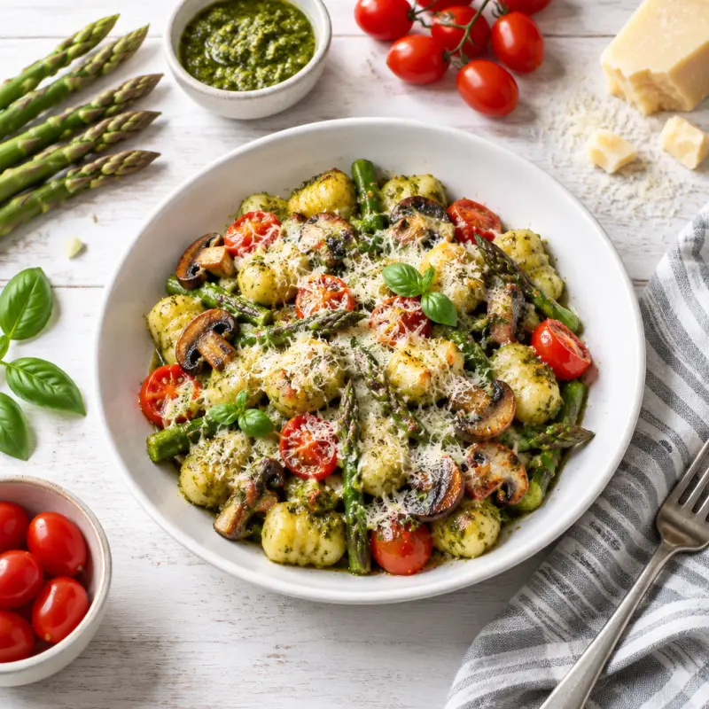 Basil Pesto Gnocchi Bake with Asparagus, Mushrooms, Tomato & Parmesan, plated