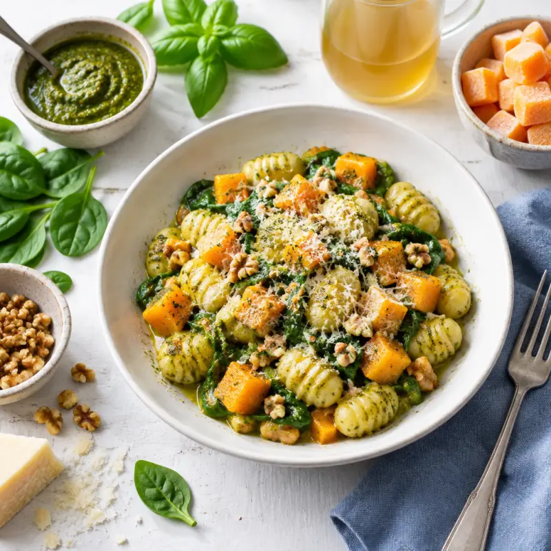Basil Pesto Gnocchi with Butternut Squash, Spinach, Walnuts & Parmesan, plated