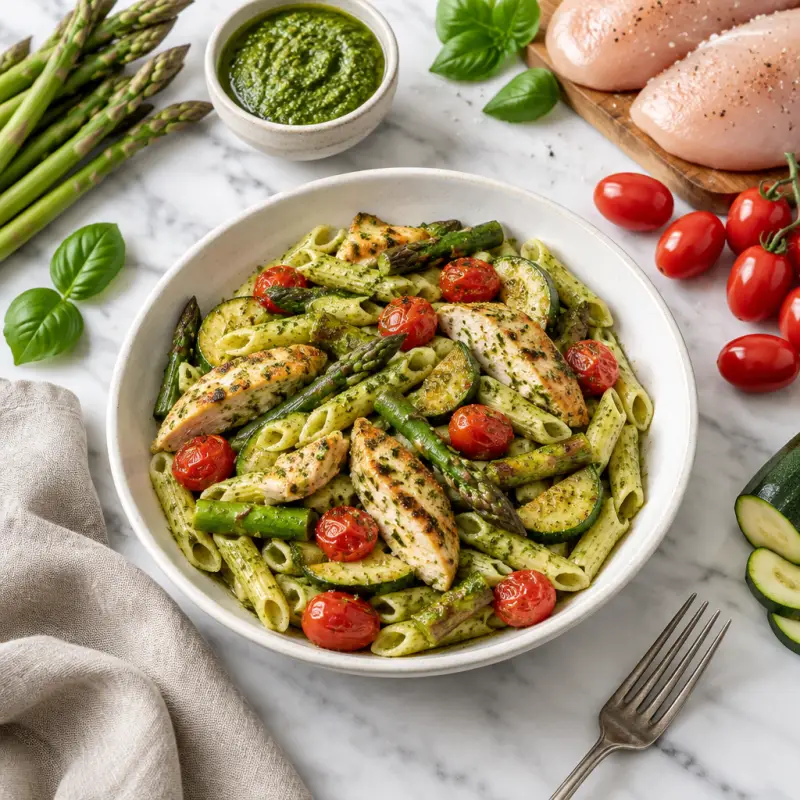 Basil Pesto Pasta with Chicken, Roasted Asparagus, Zucchini & Tomato, plated