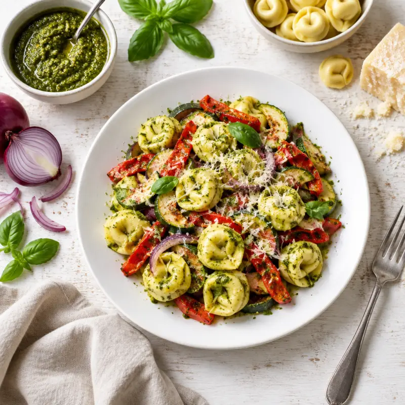 Basil Pesto Tortellini with Roasted Peppers, Zucchini & Parmesan, plated