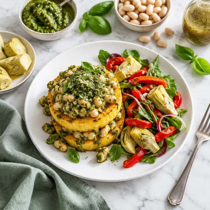 Basil Pesto-White Bean Polenta Stacks with Pepper & Artichoke Salad, plated