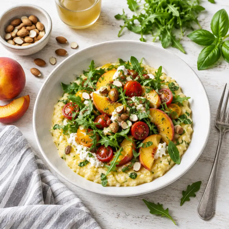 Basil-Ricotta Polenta Bowl with Peach, Tomato, Arugula & Almond Salad, plated