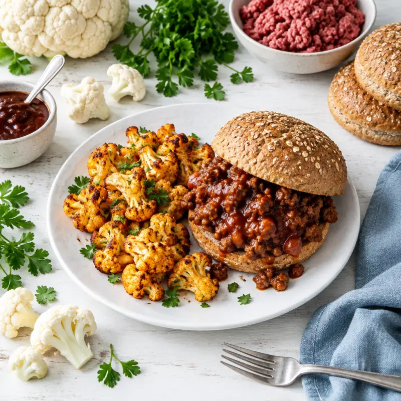 BBQ Beef Sloppy Joe with Roasted Cajun Cauliflower, plated