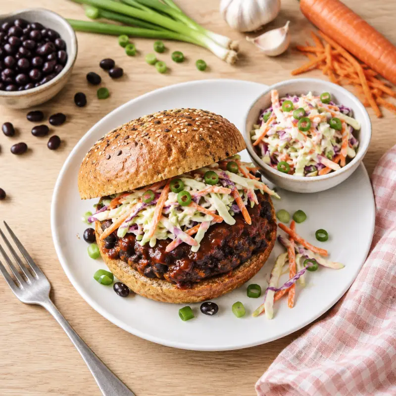 BBQ Black Bean Sandwich with Creamy Vegan Slaw, plated