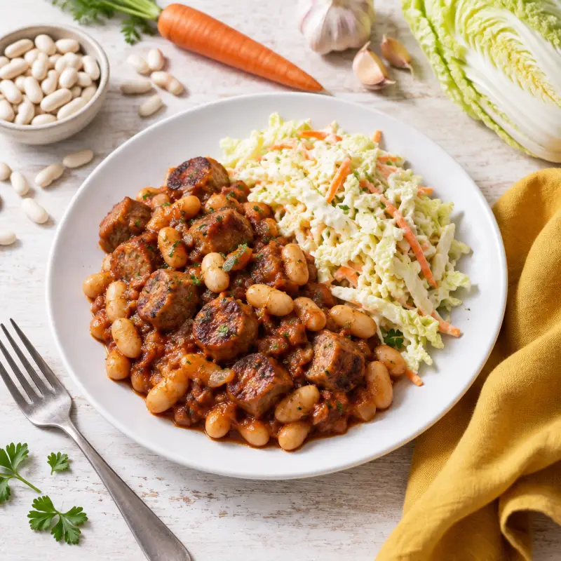 BBQ Cannellini Beans with Pork Sausage & Creamy Napa Cabbage Coleslaw, plated