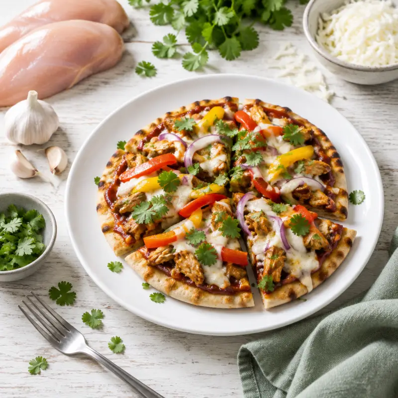 BBQ Chicken Pita Pizza with Bell Pepper, Onion & Cilantro, plated