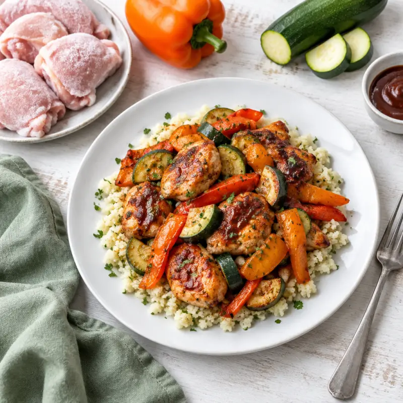 BBQ Chicken, Zucchini & Bell Pepper Bake with Cauliflower Rice, plated