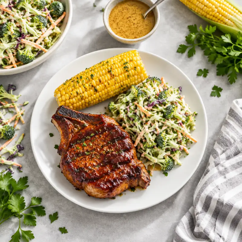 BBQ Pork Chop with Corn on the Cob & Creamy Broccoli Slaw, plated
