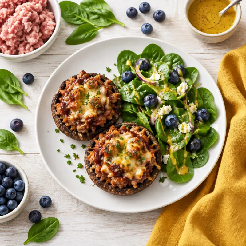 BBQ Pork Stuffed Portobellos with Cheese & Blueberry-Spinach Salad, plated
