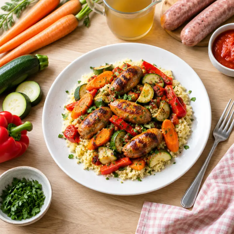 BBQ Roasted Sausage, Carrot, Zucchini & Pepper Medley with Couscous, plated