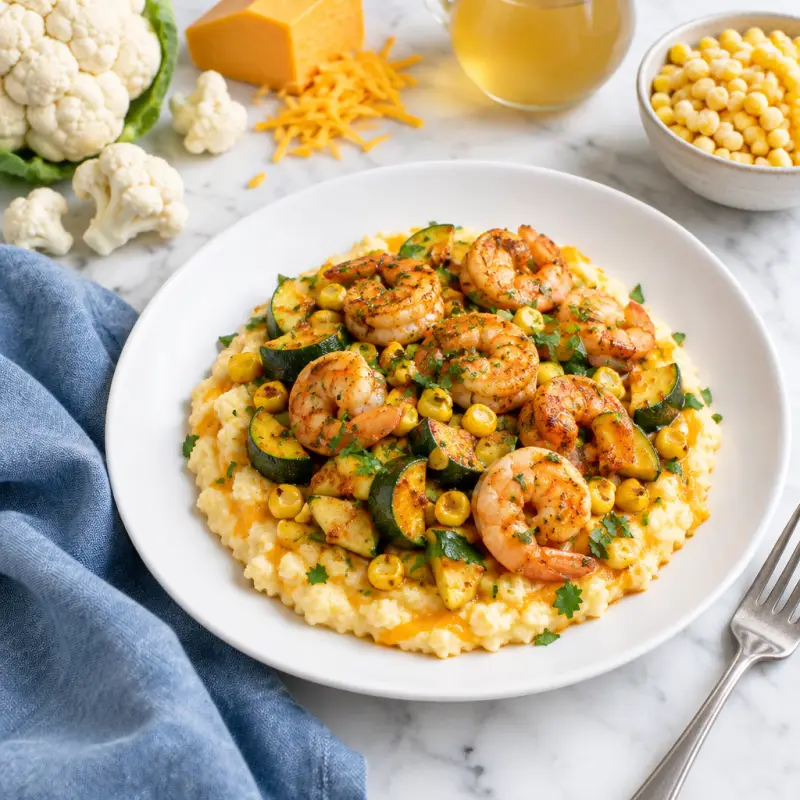 BBQ Shrimp, Zucchini & Corn over Cheddar Cauliflower Grits, plated