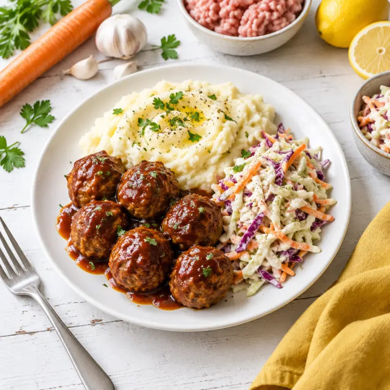 BBQ Turkey Meatballs with Mashed Potatoes & Tangy Coleslaw, plated