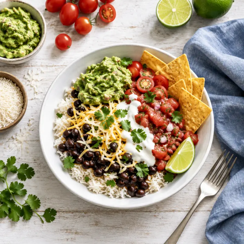 Bean Burrito Bowl with Rice, Cheese, Yogurt, Guacamole, Salsa & Chips, plated