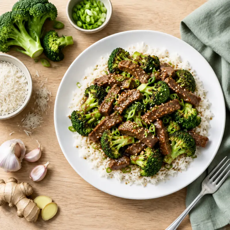 Beef & Broccoli Stir Fry with Basmati Rice, plated