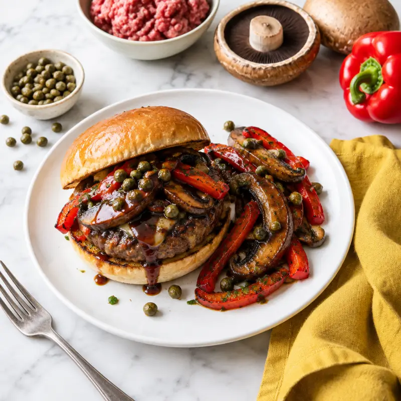 Beef Burger with Balsamic BBQ Sauce, Portobello Mushrooms & Peppers, plated