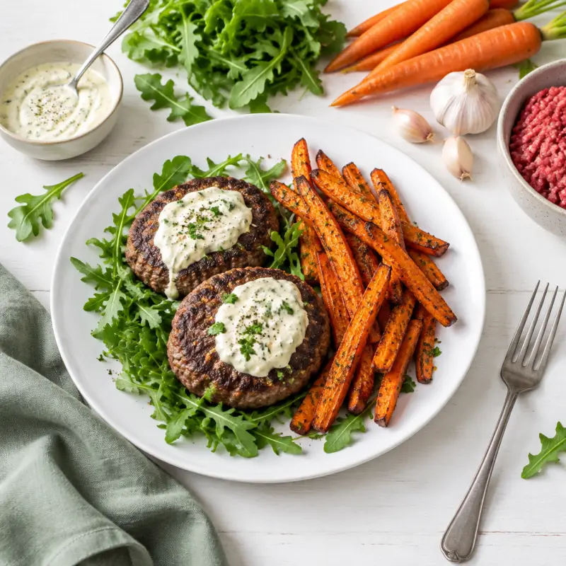 Beef Burger Patties with Garlic Aioli & Roasted Carrot Fries, plated