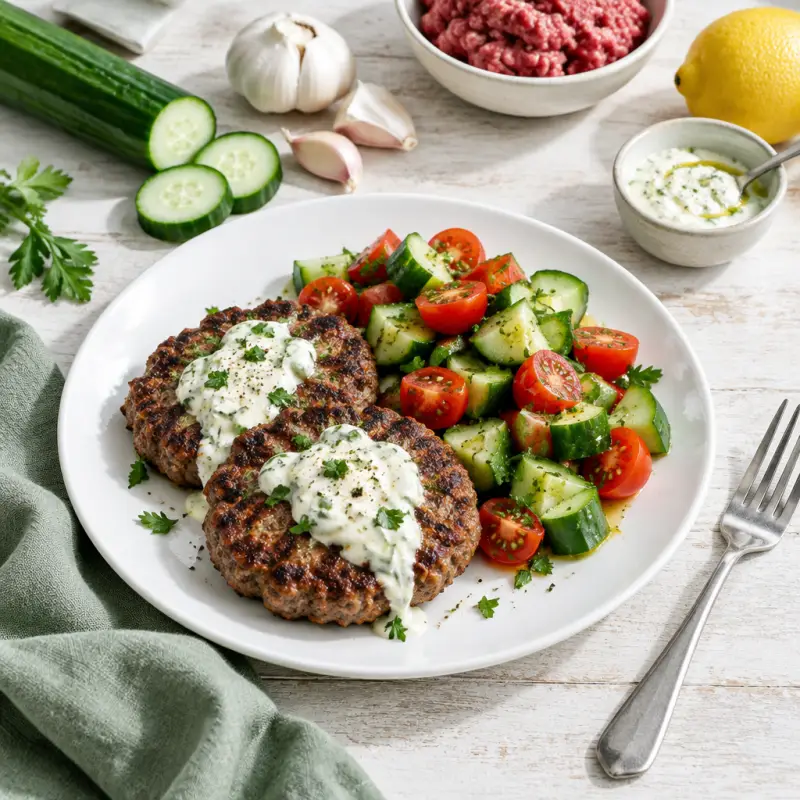 Beef Burger Patties with Garlic Aioli & Tomato-Cucumber Salad, plated