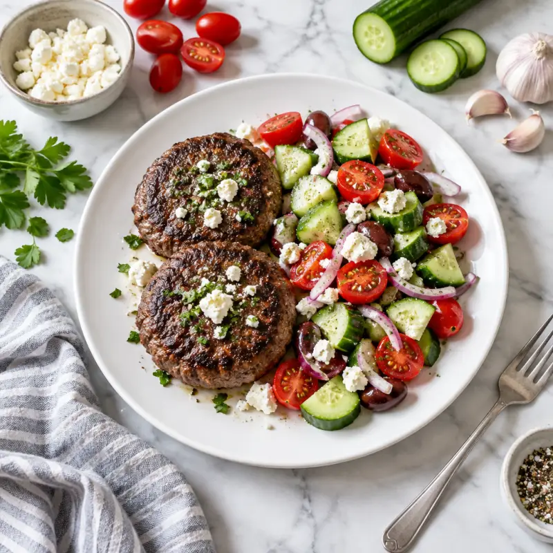 Beef Burger Patties with Greek Salad, plated