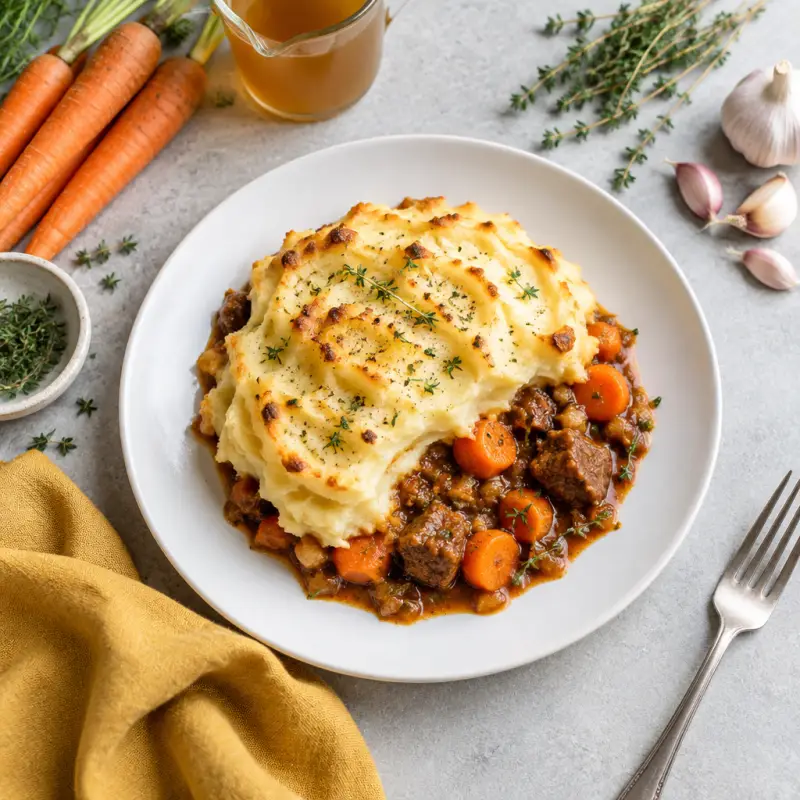Beef & Carrot Stew with Mashed Potato Topping, plated