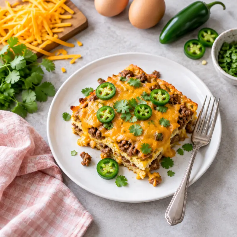Beef & Cheddar Taco Bake with Jalapeños, plated