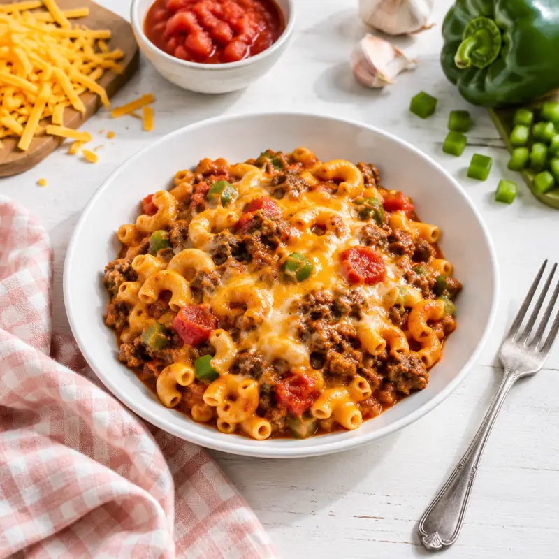 Beef Chili Mac & Cheese with Bell Pepper, plated