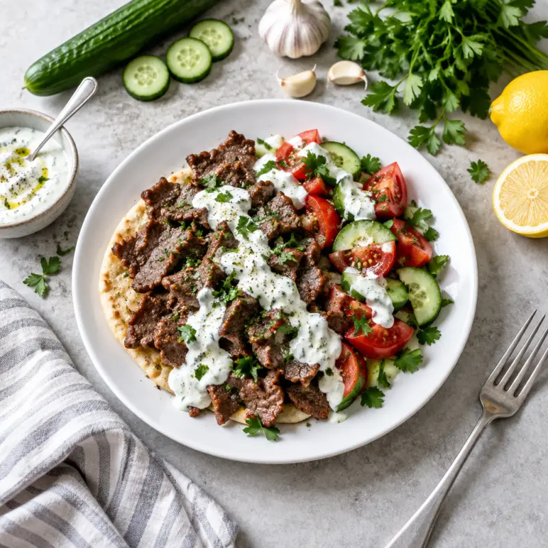 Beef 'Doner' with Cucumber, Tomatoes & Yogurt Sauce, plated