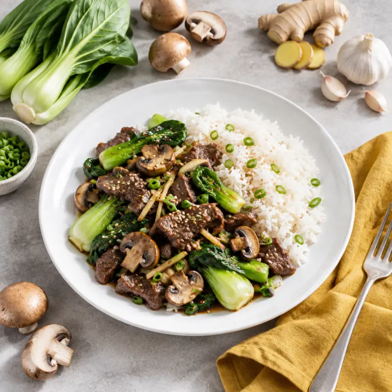 Beef, Ginger, Mushroom & Bok Choy Stir-Fry with Jasmine Rice, plated