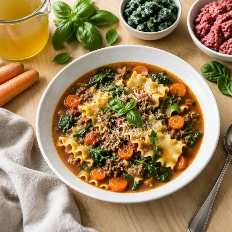 Beef Lasagna Noodle Soup with Carrots, Spinach & Basil, plated