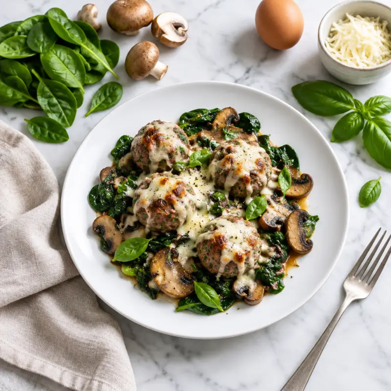 Beef Meatballs with Melted Mozzarella, Basil & Spinach-Mushroom Sauté, plated