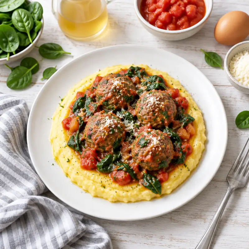 Beef Meatballs with Tomato-Spinach Sauce & Creamy Polenta, plated