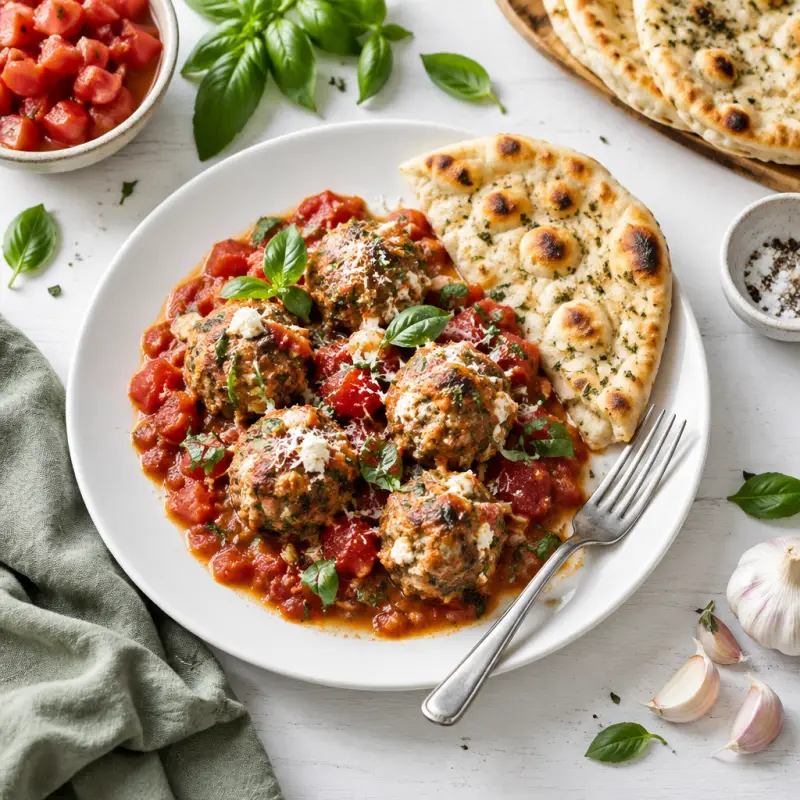 Beef & Ricotta Meatballs in Tomato Sauce with Warm Flatbread, plated