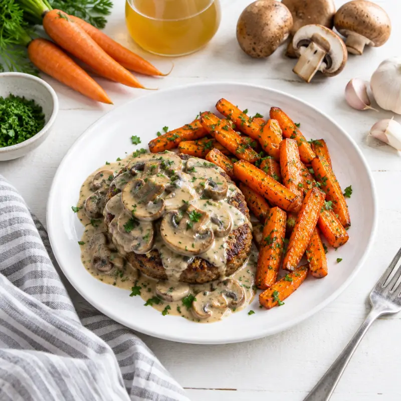 "Beef Stroganoff" Mushroom Burgers with Honey-Parsley Roasted Carrots, plated