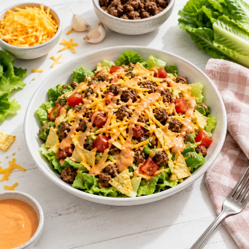 Beef Taco Salad with Cheddar & Catalina Dressing, plated