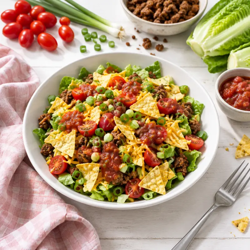 Beef Taco Salad with Romaine, Tomato, Tortilla Chips, Cheese & Salsa, plated