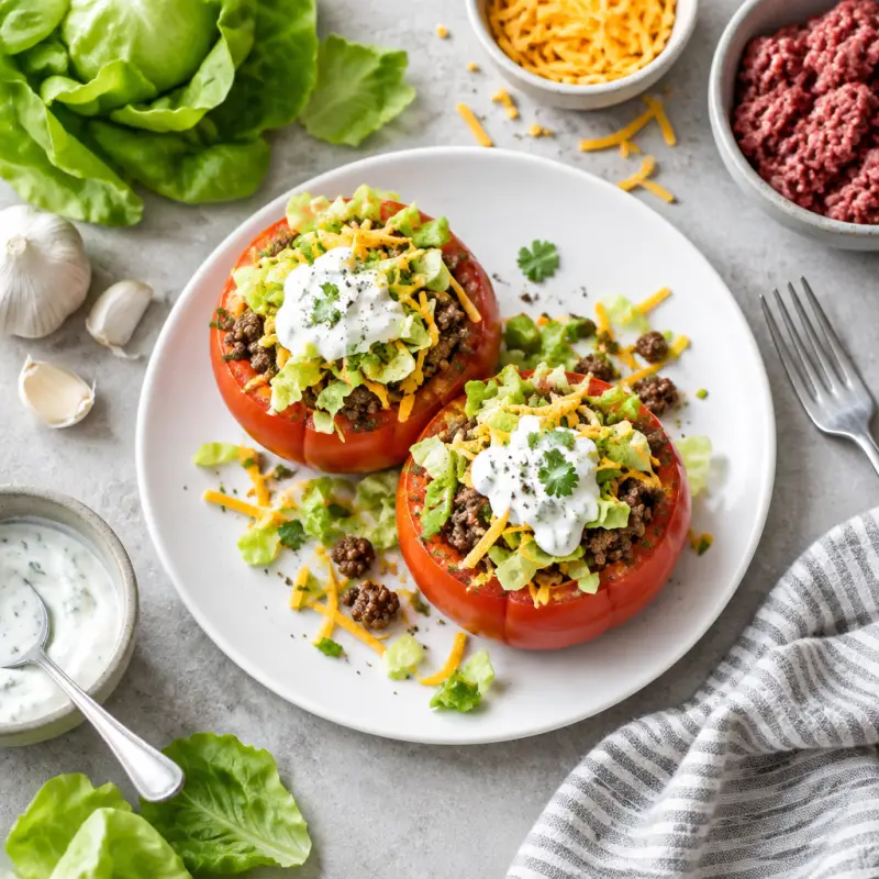 Beef Taco Stuffed Tomatoes with Cheddar, Lettuce & Greek Yogurt, plated