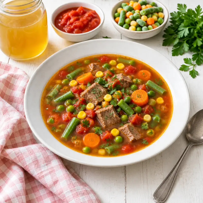 Beef Vegetable Soup with Tomatoes, Carrots, Green Beans, Peas & Corn, plated