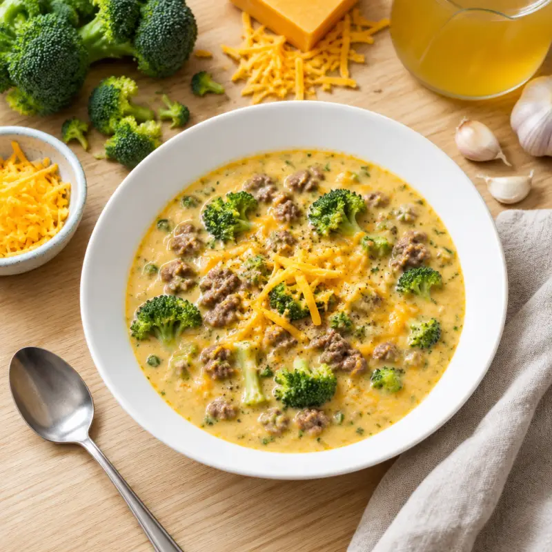 Beefy Broccoli & Cheese Soup, plated