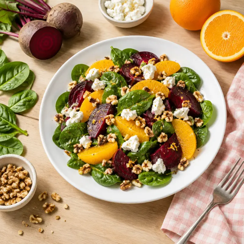 Beet, Orange & Spinach Salad with Goat Cheese & Chopped Walnuts, plated