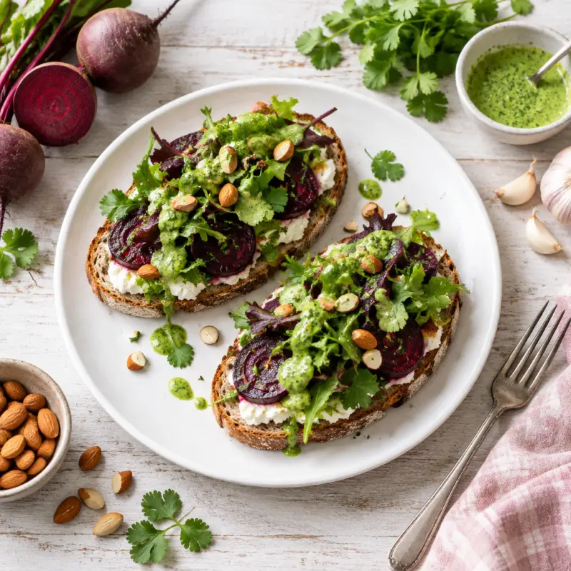 Beet Tartines with Goat Cheese, Jalapeño-Cilantro Sauce & Mixed Greens, plated