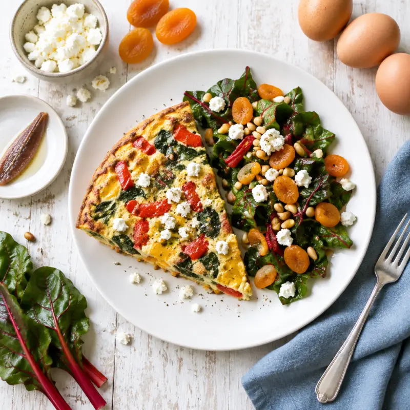 Bell Pepper & Feta Frittata with Swiss Chard, Apricot & Pine Nut Salad, plated