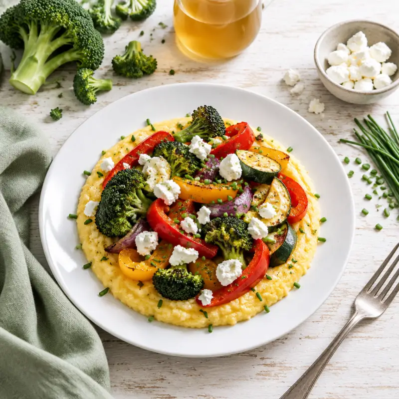 Bell Pepper-Goat Cheese Polenta with Roasted Veggies, plated