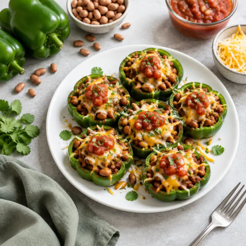 Bell Pepper "Nacho" Bites with Chili Pinto Beans, Cheese & Salsa, plated