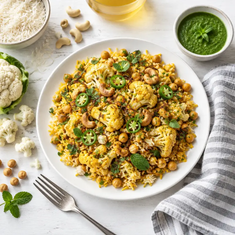 Biryani with Chickpeas, Cashews, Cauliflower and Jalapeño-Mint Chutney, plated