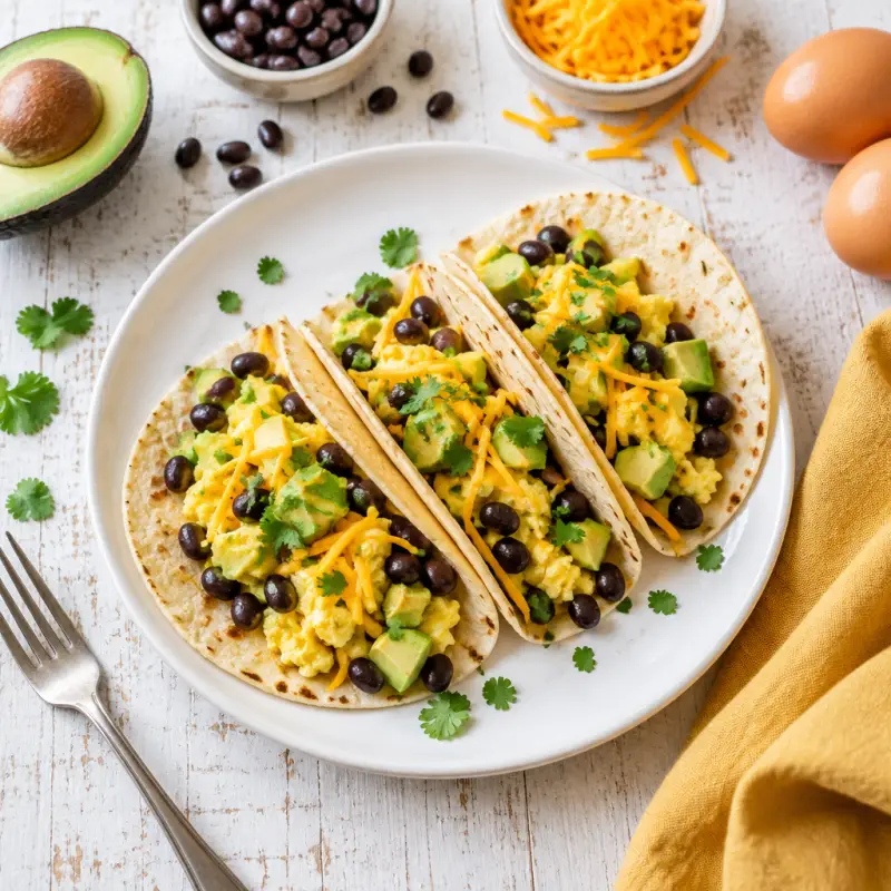 Black Bean, Avocado & Cheddar Breakfast Tacos, plated