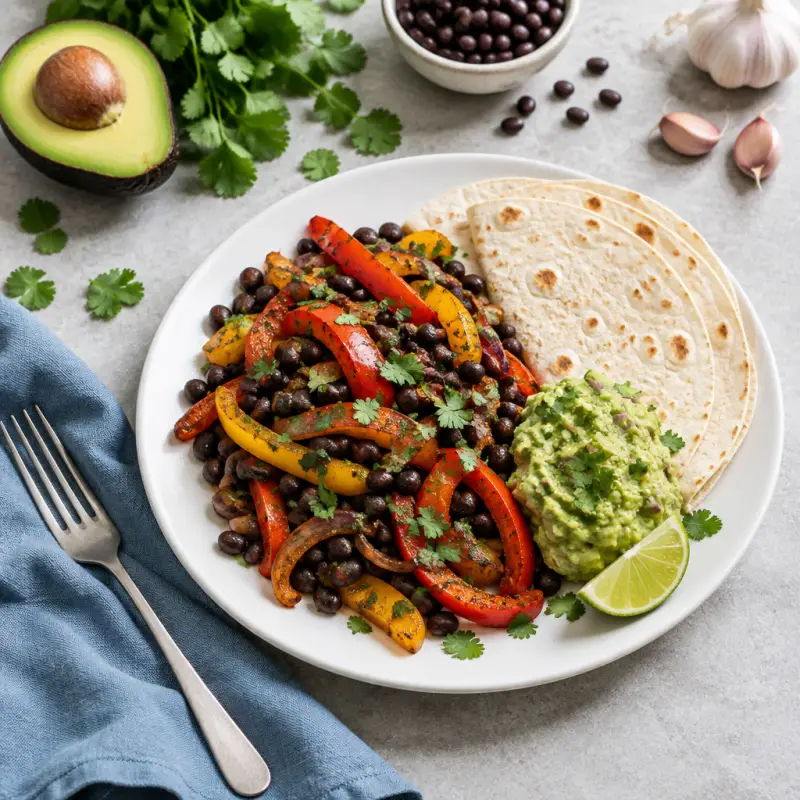 Black Bean & Bell Pepper Fajitas with Guacamole, plated