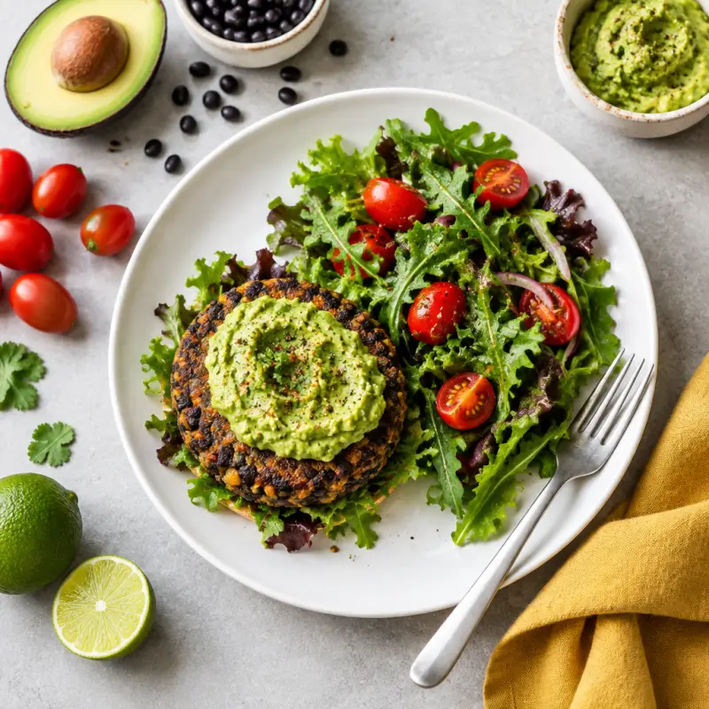 Black Bean Burgers with Avocado Spread & Mixed Greens Salad, plated