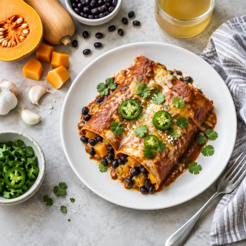 Black Bean, Butternut Squash & Jalapeño Enchiladas, plated